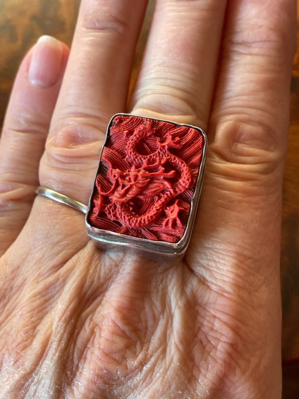 Vintage 925 Sterling Silver Carved Red Chinese Dragon Cinnabar Ring Size 7